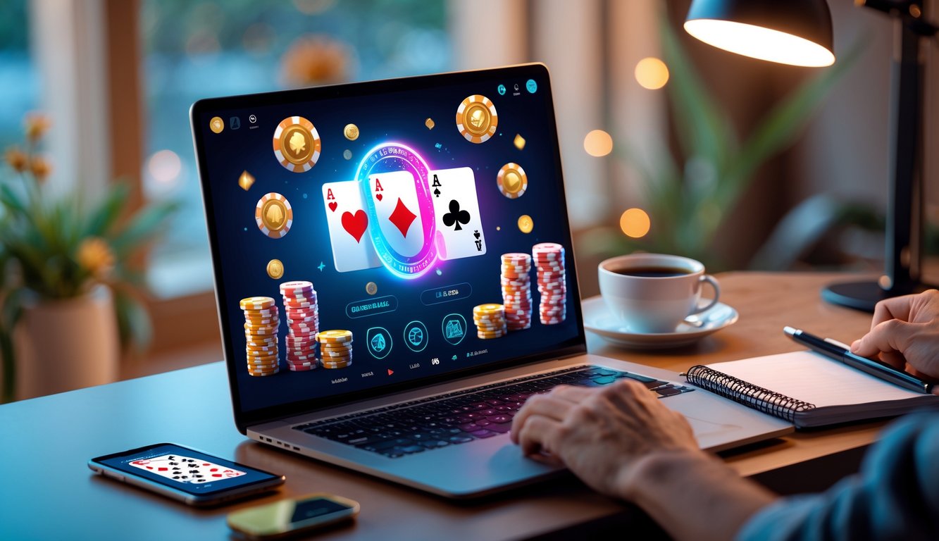Sebuah meja dengan komputer yang menampilkan permainan poker online, tumpukan chip poker, dan smartphone dengan aplikasi poker, di ruang kerja yang nyaman.