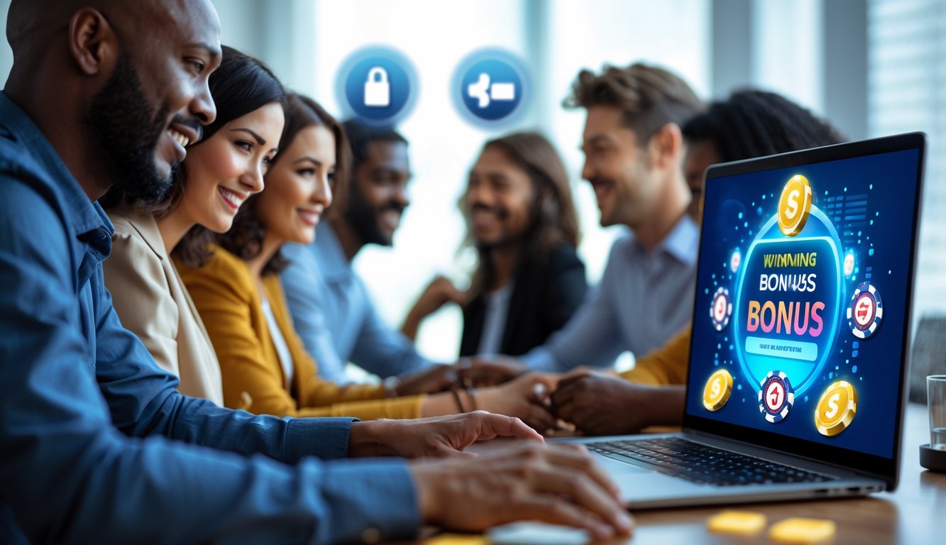 Beberapa orang dewasa bermain poker online di depan laptop di ruang kerja modern dengan suasana fokus dan antusias.