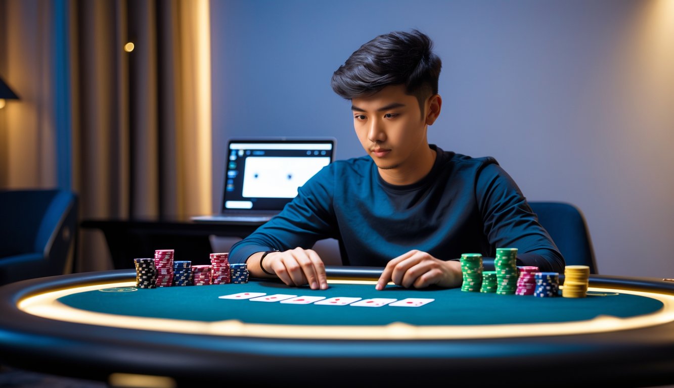 Seseorang duduk di meja poker dengan kartu dan chip, memperhatikan layar laptop yang menampilkan situs poker online.