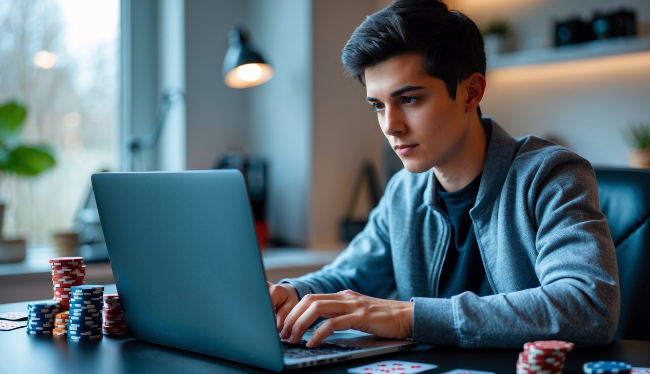 Seorang dewasa muda sedang fokus bermain judi poker online menggunakan laptop di ruang kerja rumah yang rapi dengan tumpukan chip poker dan kartu remi di atas meja.