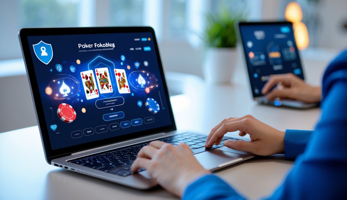 Seseorang menggunakan komputer untuk bermain poker online dengan suasana kerja yang bersih dan aman.
