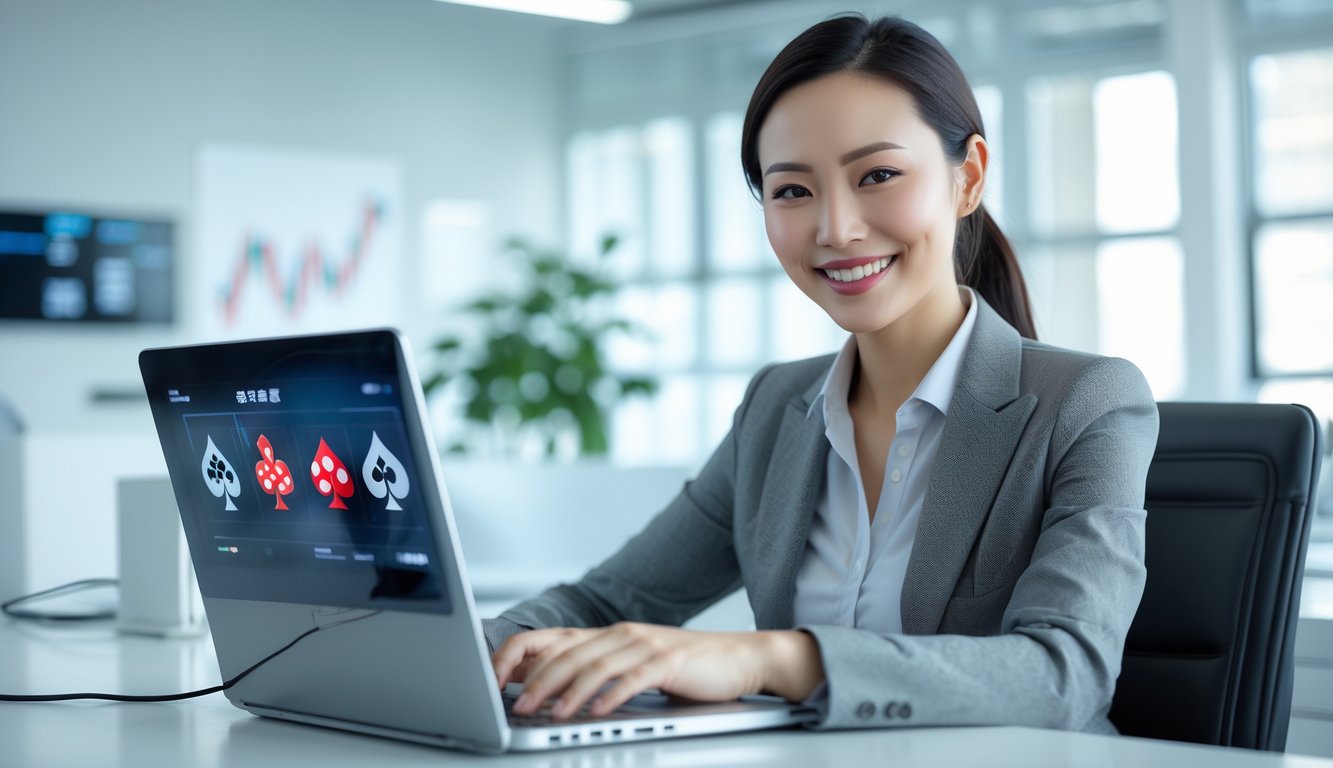 Seorang wanita Asia tersenyum duduk di meja kantor modern sambil menggunakan laptop dengan tampilan permainan poker di layar.
