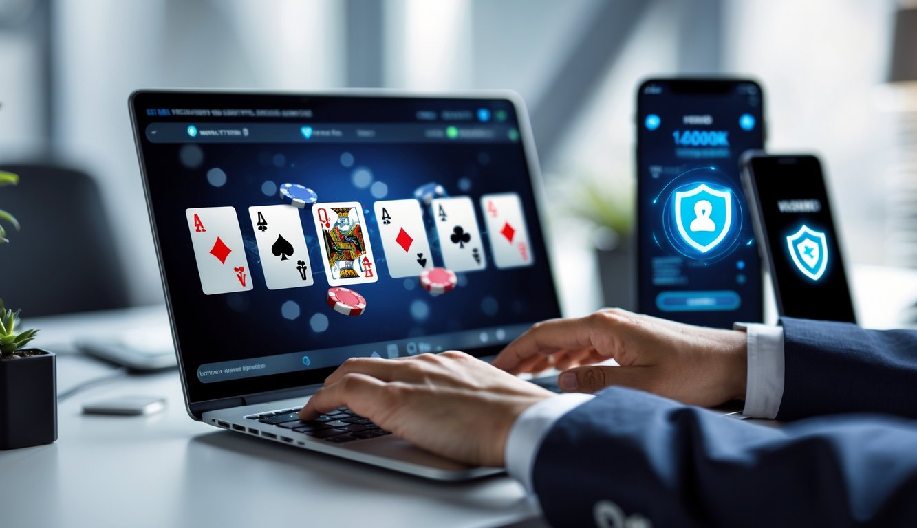 Seseorang bermain poker online di laptop dengan pemandangan meja kerja yang rapi dan perangkat digital yang menunjukkan transaksi cepat dan keamanan.