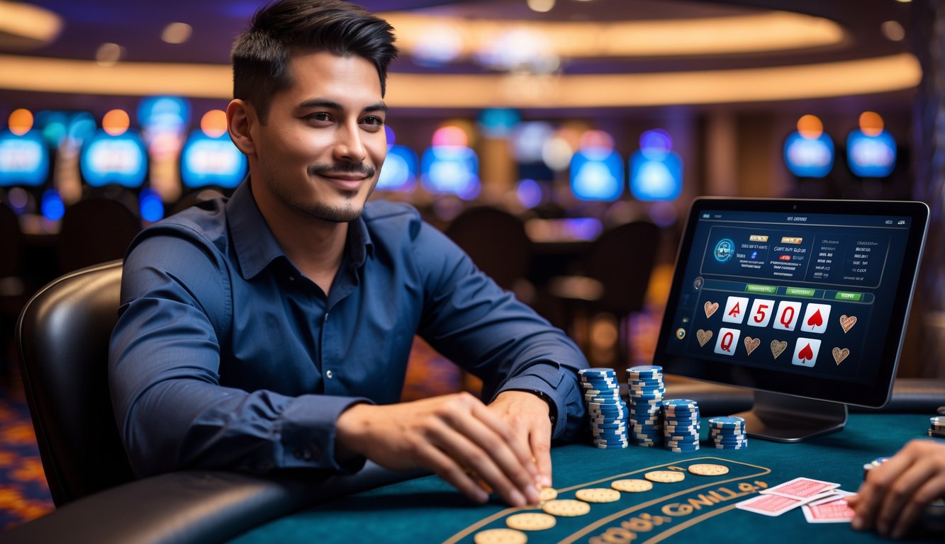 Seorang pria percaya diri duduk di meja poker dengan kartu dan chip poker di kasino modern.