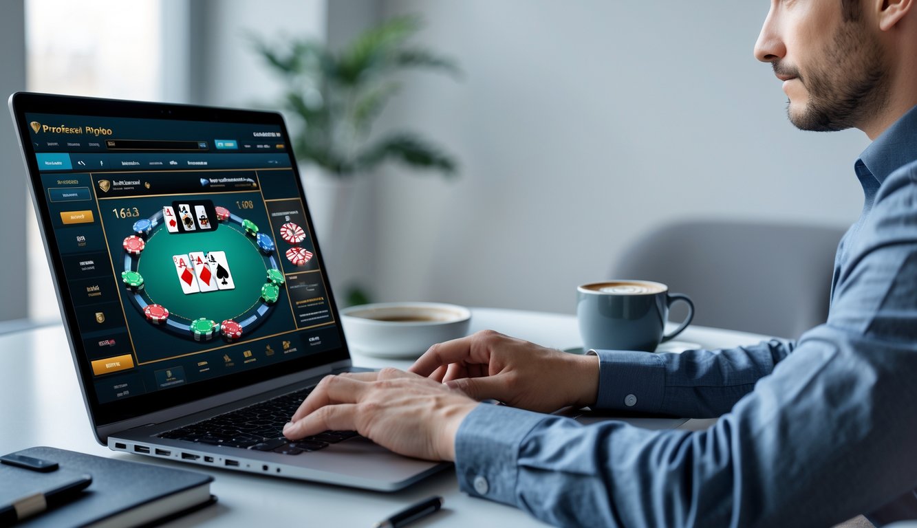 Seorang pria fokus bermain poker online menggunakan laptop di ruangan modern dengan pencahayaan baik.
