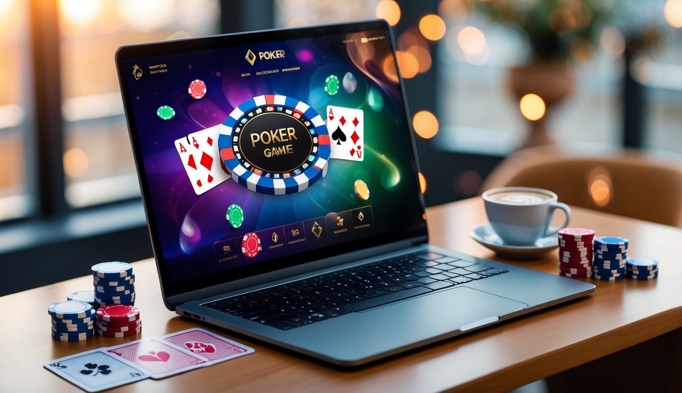 Meja dengan laptop menampilkan permainan poker online, kartu remi dan chip poker di sekitar, serta secangkir kopi.
