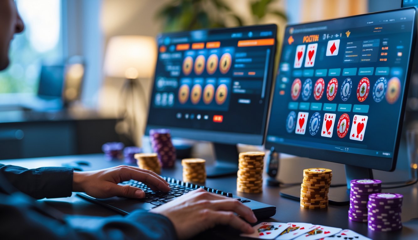 Meja komputer dengan monitor menampilkan permainan poker online, tumpukan chip poker, dan kartu remi di atas meja, tangan seseorang sedang bermain poker.
