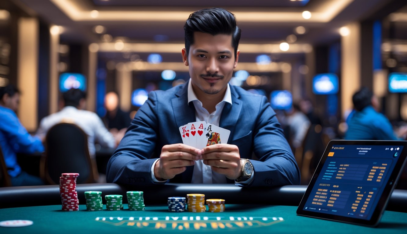 Seorang pria percaya diri duduk di meja poker dengan kartu dan tumpukan chip, di latar belakang suasana kasino yang ramai.