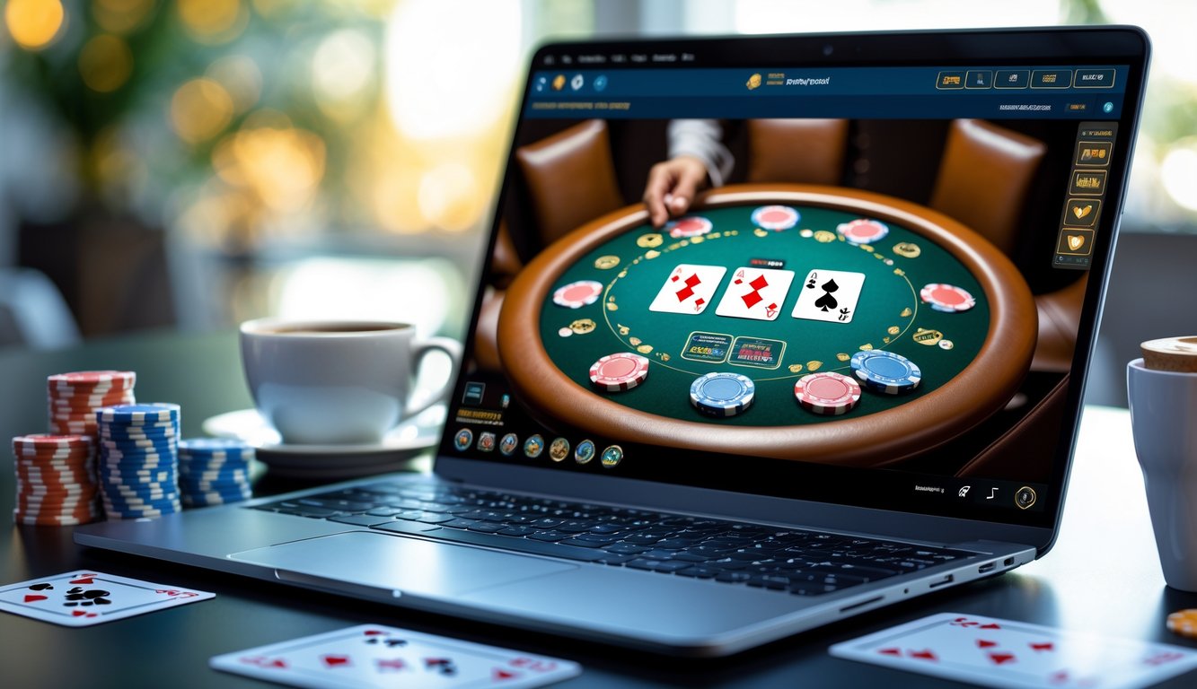 Seorang pemain poker online sedang fokus pada layar laptop dengan kartu dan chip poker di meja.