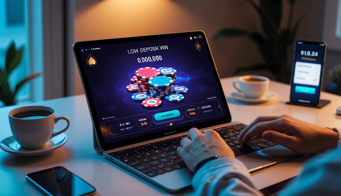 Seorang pemain sedang bermain poker online di laptop dengan chip poker dan kartu di meja yang rapi dan pencahayaan hangat.