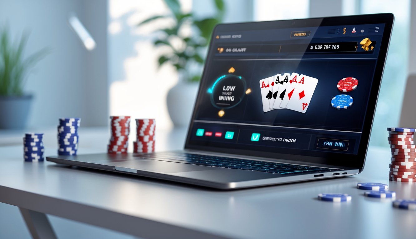 Seorang pria sedang bermain poker online di depan komputer dengan kartu dan chip poker di layar.