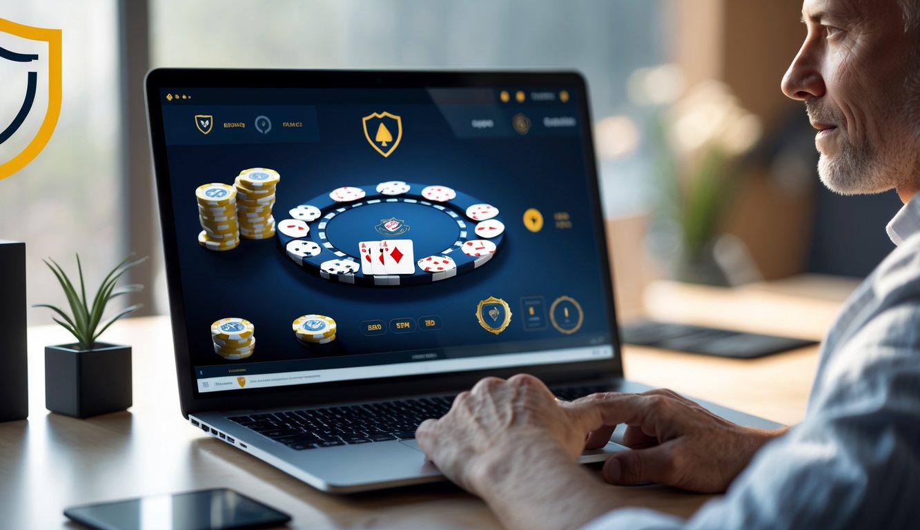 Seorang pengguna sedang bermain poker online di laptop di meja kerja yang rapi dengan suasana yang tenang dan aman.