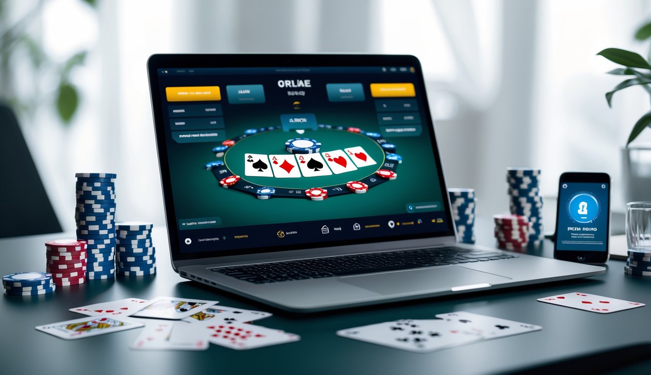 Suasana ruang kerja modern dengan laptop menampilkan permainan poker online, dikelilingi chip poker dan kartu, serta ponsel yang menunjukkan konfirmasi transaksi aman.
