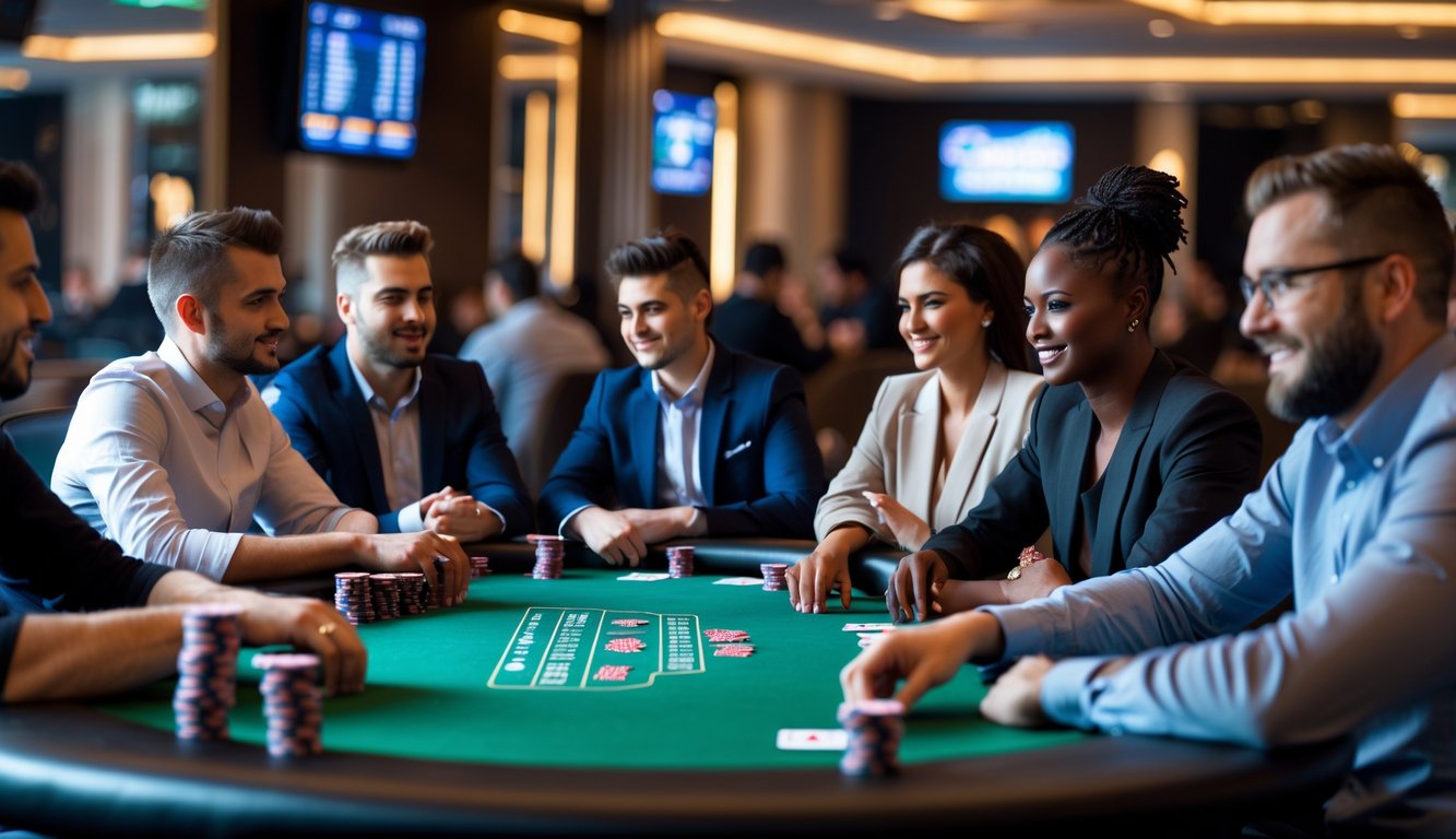 Sekelompok pemain poker sedang bermain di meja poker dengan tumpukan chip dan kartu, di dalam ruangan kasino yang elegan.