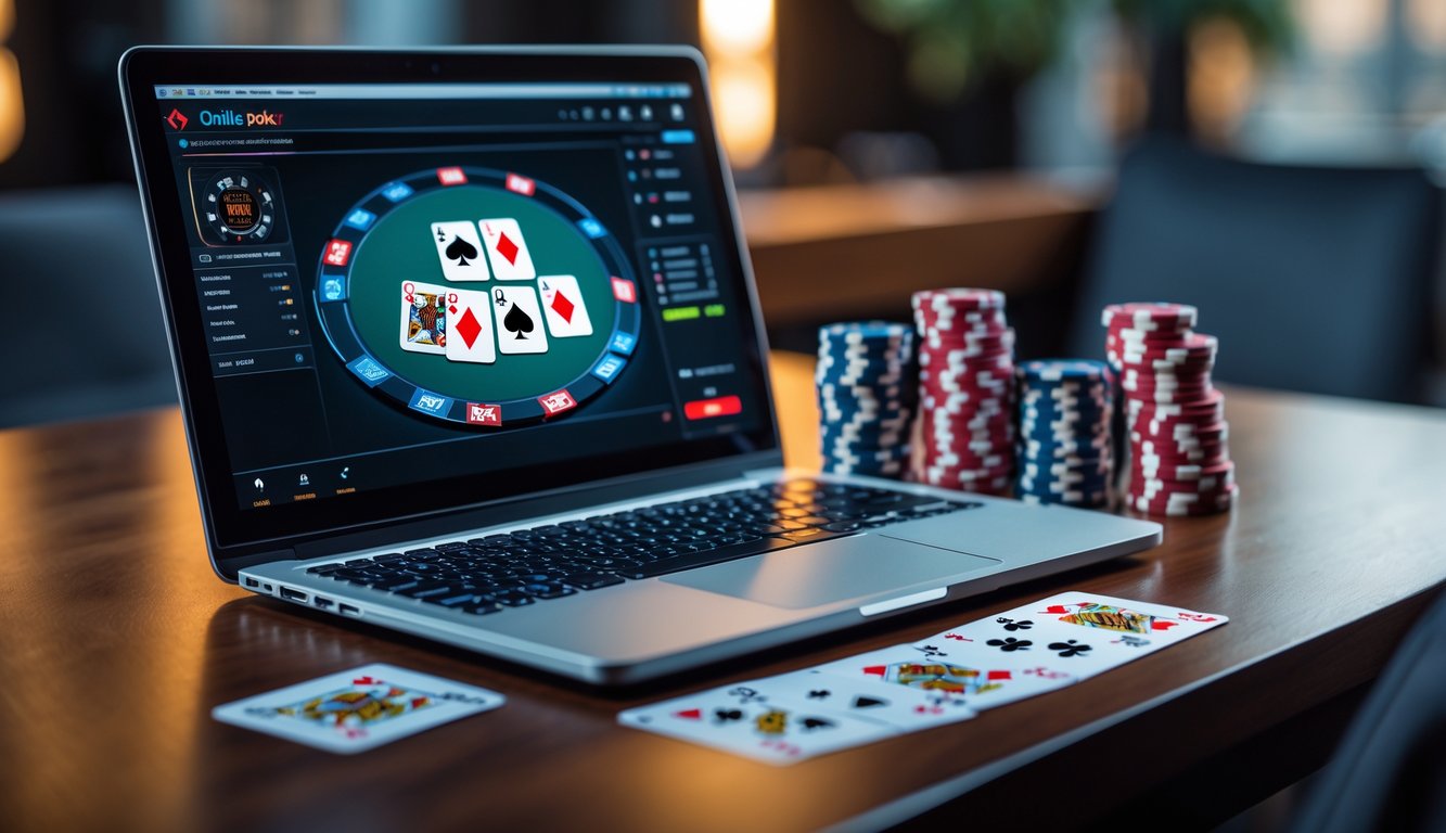 Meja kerja dengan laptop menampilkan permainan poker online, tumpukan chip poker, dan kartu bermain tersebar di atas meja kayu.