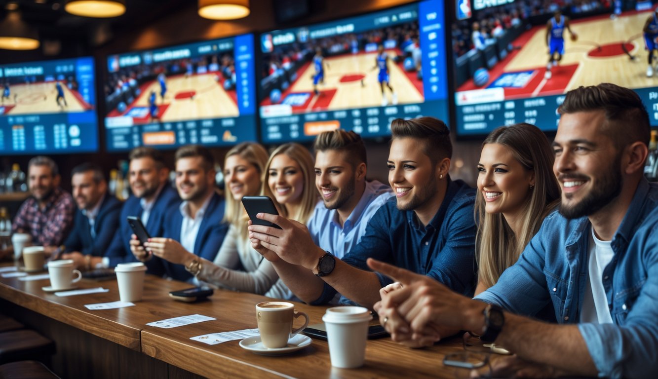 Sekelompok penggemar NBA sedang menonton pertandingan langsung di bar olahraga dengan layar besar dan menggunakan perangkat digital untuk taruhan langsung.