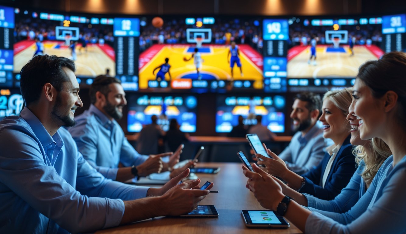 Beberapa orang menonton pertandingan NBA langsung di layar besar sambil menggunakan ponsel dan tablet untuk memasang taruhan secara real-time.