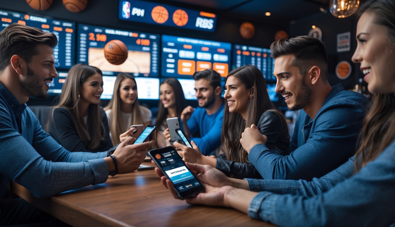 Sekelompok orang muda sedang menonton pertandingan NBA langsung dan menggunakan aplikasi taruhan di ponsel mereka dalam suasana bar olahraga modern.