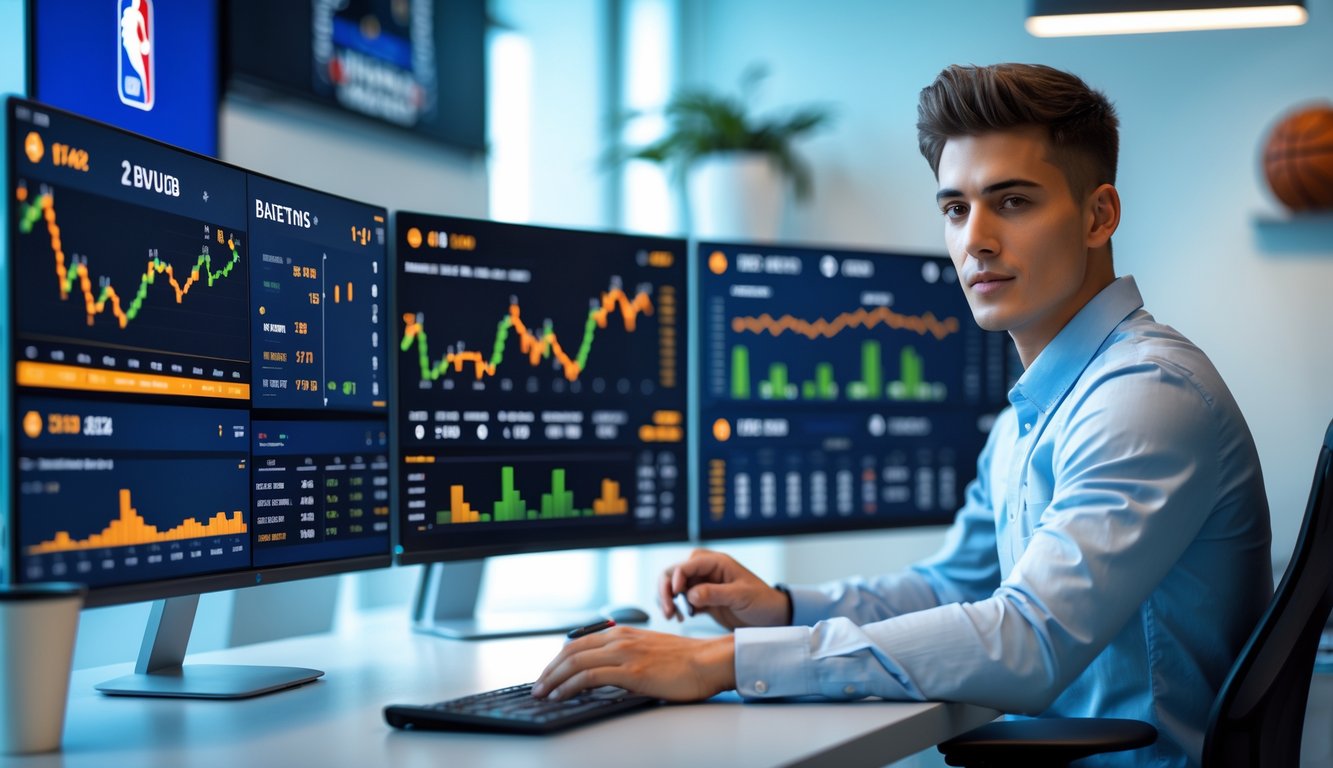 Seorang pria muda duduk di depan beberapa layar komputer yang menampilkan statistik dan skor langsung pertandingan NBA, sedang menganalisis data taruhan secara real-time.