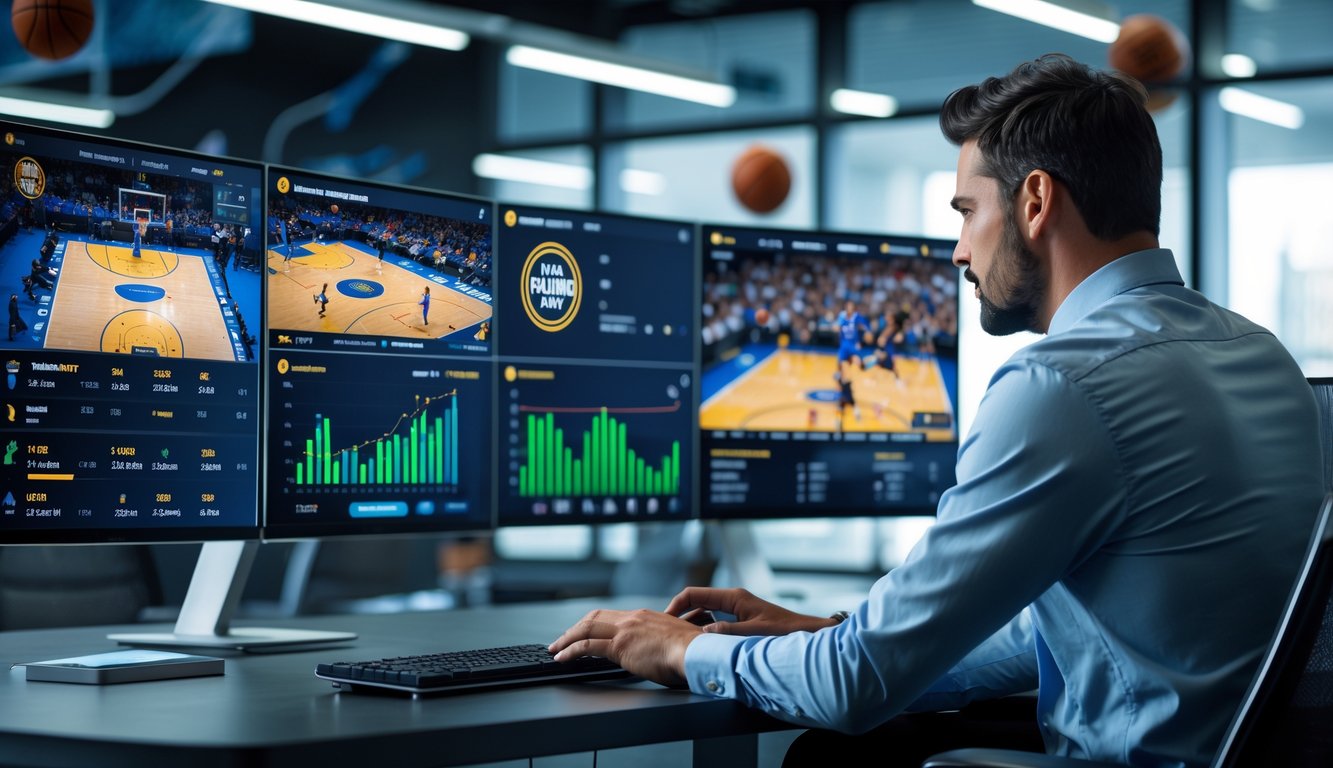 Seorang analis olahraga sedang bekerja di depan beberapa monitor yang menampilkan statistik dan pertandingan NBA secara langsung di sebuah kantor modern.