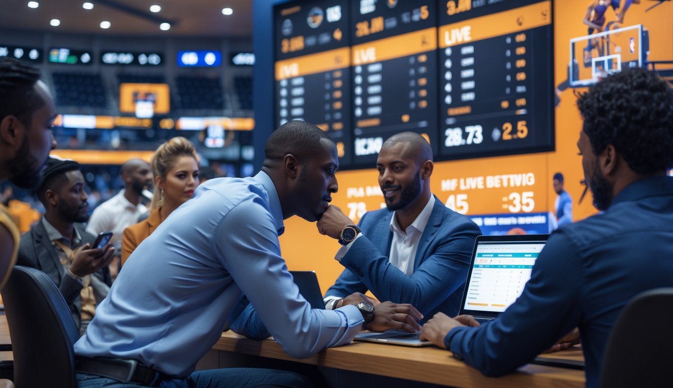 Beberapa orang sedang melihat layar besar yang menampilkan statistik dan skor pertandingan bola basket NBA secara langsung, sambil menggunakan perangkat untuk memasang taruhan.