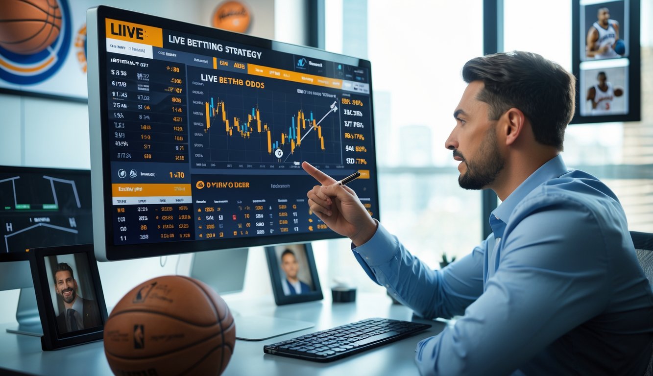 Seorang analis olahraga sedang melihat data taruhan langsung NBA di depan komputer di ruang kantor modern.