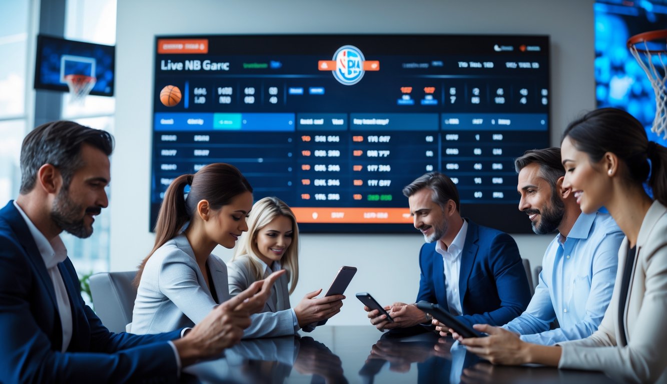 Beberapa orang sedang menggunakan perangkat digital untuk melihat peluang taruhan langsung NBA dengan latar belakang elemen bertema bola basket.