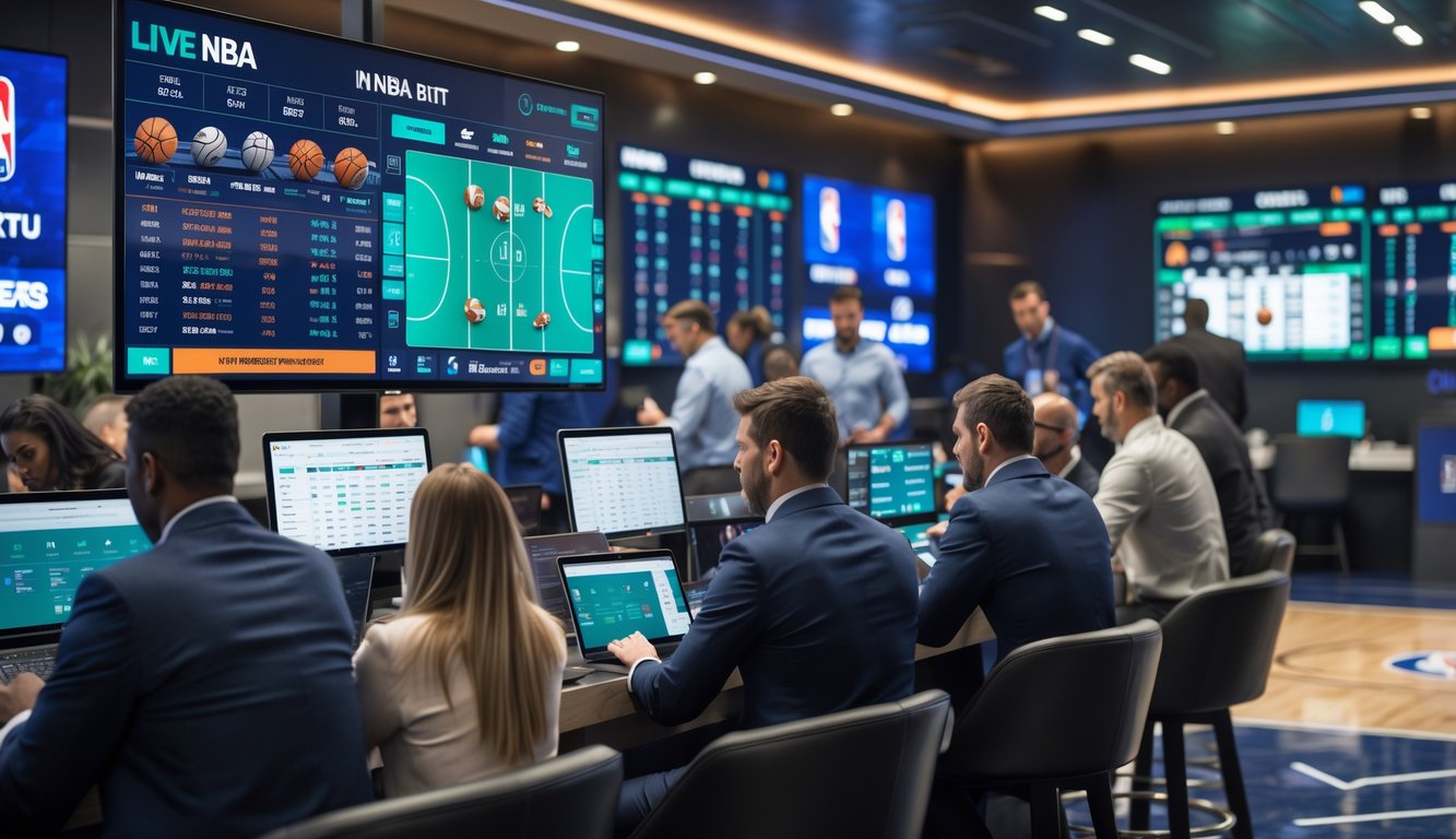 Orang-orang sedang memasang taruhan langsung pada pertandingan NBA dengan layar digital besar menampilkan statistik dan peluang taruhan secara real-time.