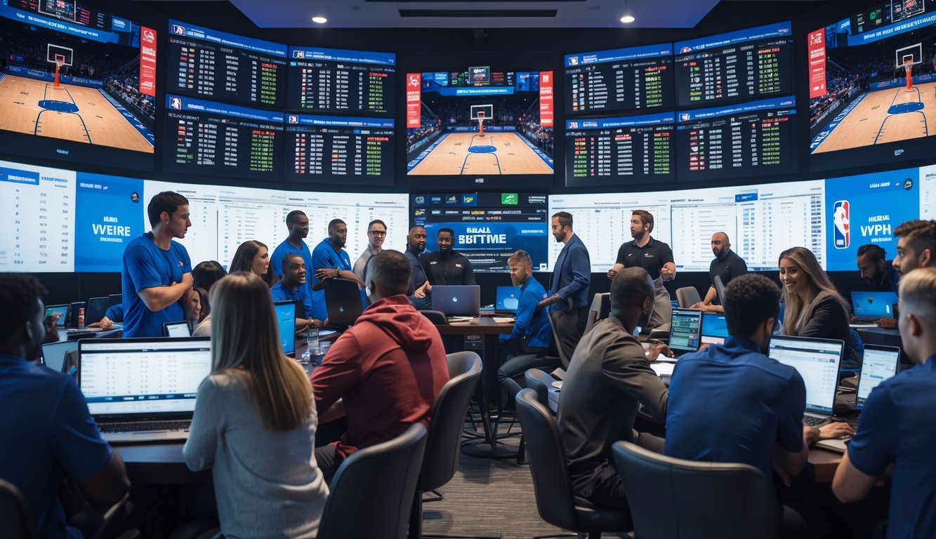 Sekelompok orang fokus mengamati layar besar yang menampilkan pertandingan NBA langsung dan peluang taruhan di sebuah ruang taruhan olahraga modern.