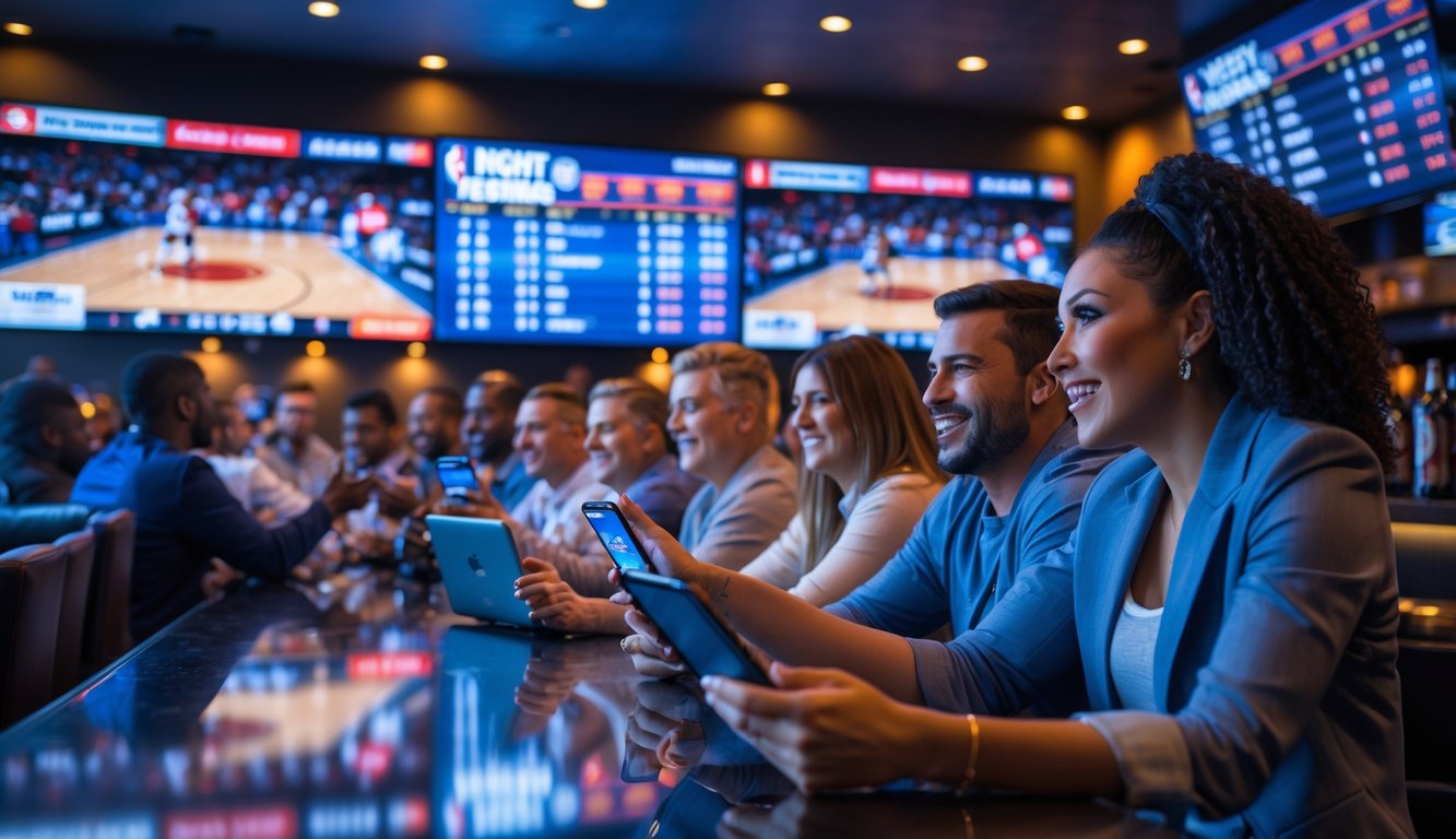 Sekelompok orang menonton pertandingan NBA secara langsung di bar dengan layar besar dan menggunakan perangkat digital untuk melihat prediksi skor dan taruhan.