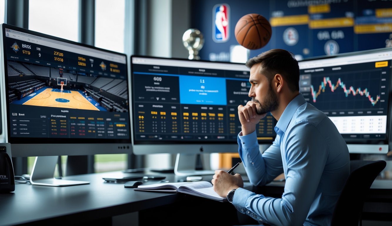 Seorang analis olahraga sedang melihat data taruhan langsung NBA di beberapa layar komputer di ruang kerja modern.
