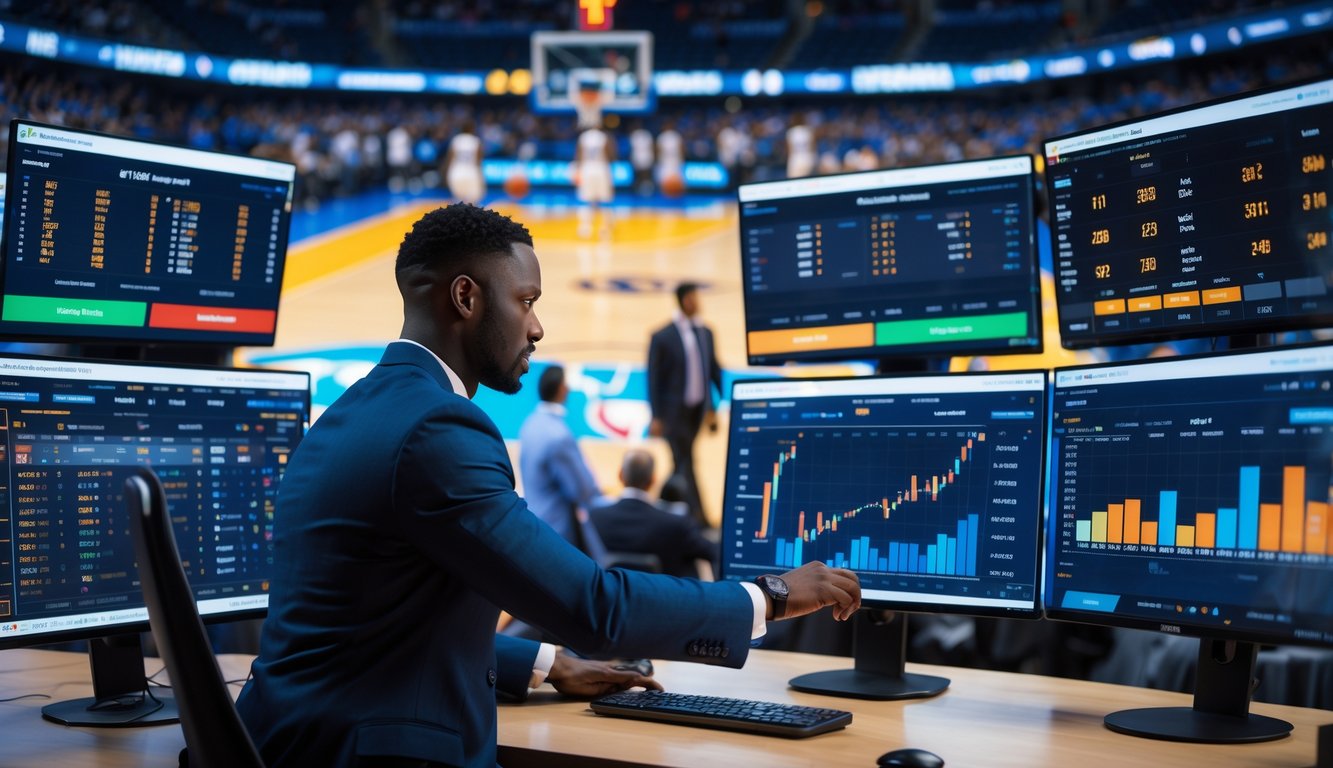 Seorang analis olahraga sedang bekerja dengan beberapa monitor yang menampilkan statistik tim NBA dan data taruhan langsung, dengan latar belakang pertandingan bola basket yang sedang berlangsung.