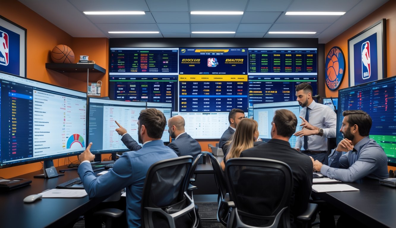 Beberapa orang sedang menganalisis statistik tim NBA dan data taruhan langsung di sebuah ruang kerja modern dengan beberapa layar komputer.