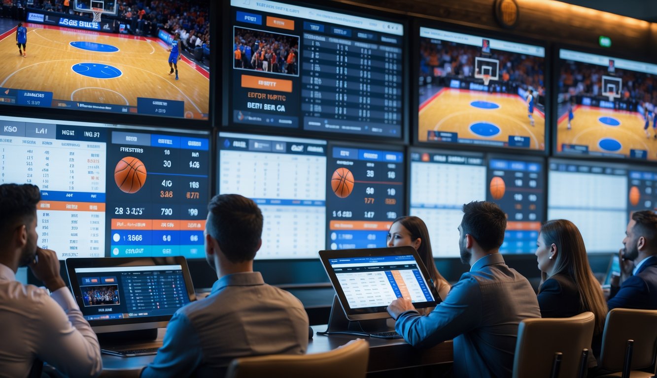 Beberapa orang sedang menonton pertandingan NBA secara langsung dengan layar besar dan menggunakan perangkat digital untuk memasang taruhan dan menganalisis data waktu nyata.