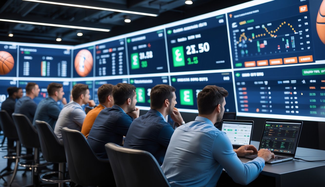 Beberapa orang sedang memperhatikan layar besar yang menampilkan statistik dan skor langsung pertandingan NBA di sebuah ruang taruhan olahraga.