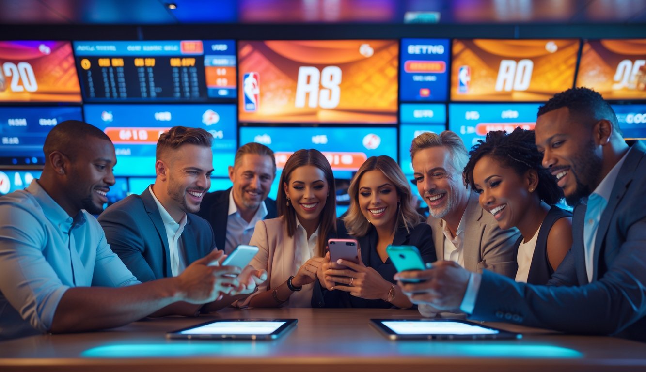 Sekelompok orang di bar olahraga menonton pertandingan NBA secara langsung sambil menggunakan ponsel untuk memasang taruhan.