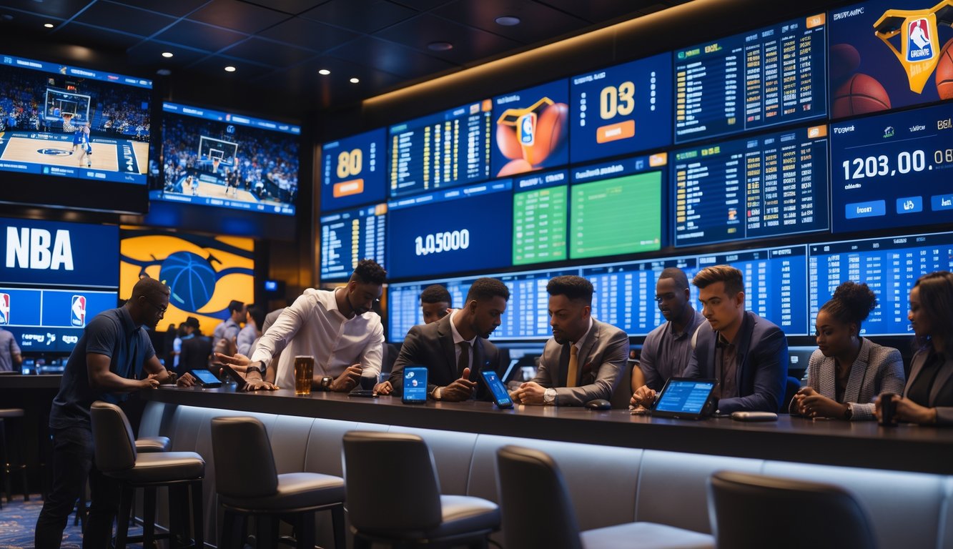 Orang-orang di ruang taruhan olahraga modern sedang melihat layar besar yang menampilkan pertandingan NBA langsung dan statistik taruhan.
