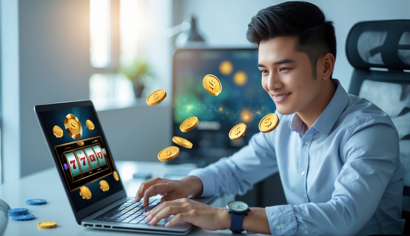 Seorang pria muda duduk di meja dengan laptop yang menampilkan permainan slot online, di ruang kerja yang terang dan rapi.