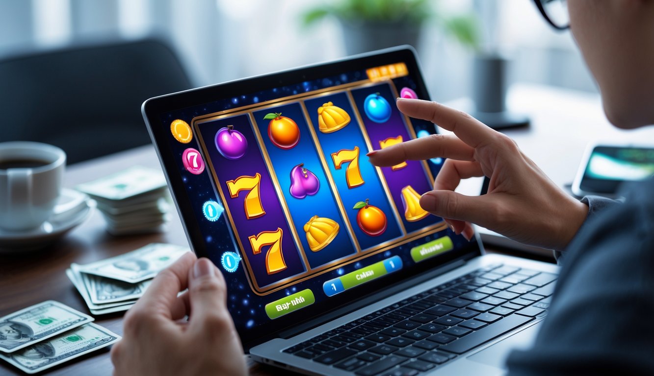 Seseorang menggunakan laptop atau ponsel untuk bermain mesin slot online dengan latar ruang kerja yang rapi dan beberapa alat pembayaran di sekitar.