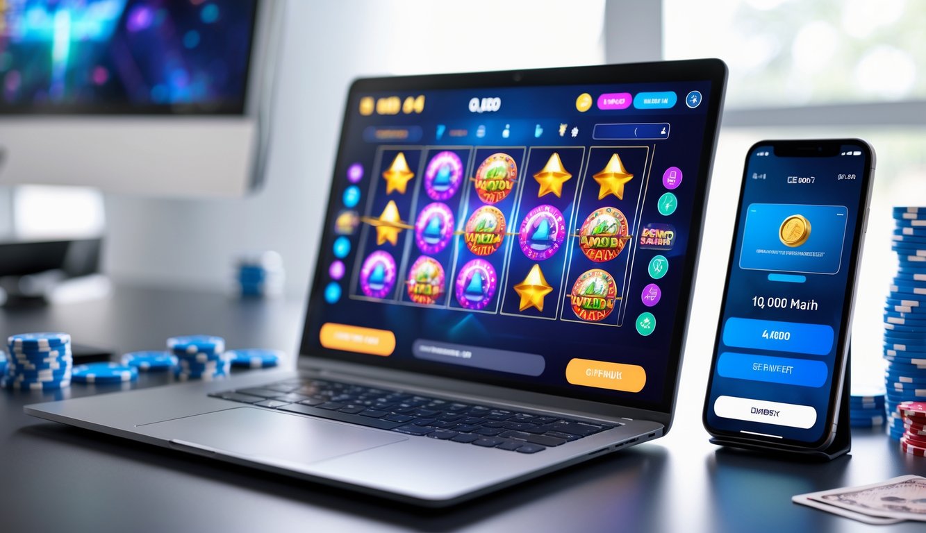 Meja kerja modern dengan laptop menampilkan permainan slot online dan ponsel yang menunjukkan pembayaran digital, dikelilingi oleh chip poker dan kartu remi.