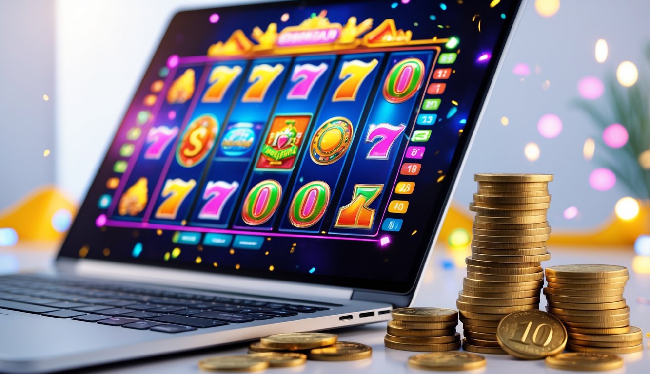Seseorang menggunakan laptop dengan permainan slot online yang berwarna-warni dan uang rupiah di sampingnya.