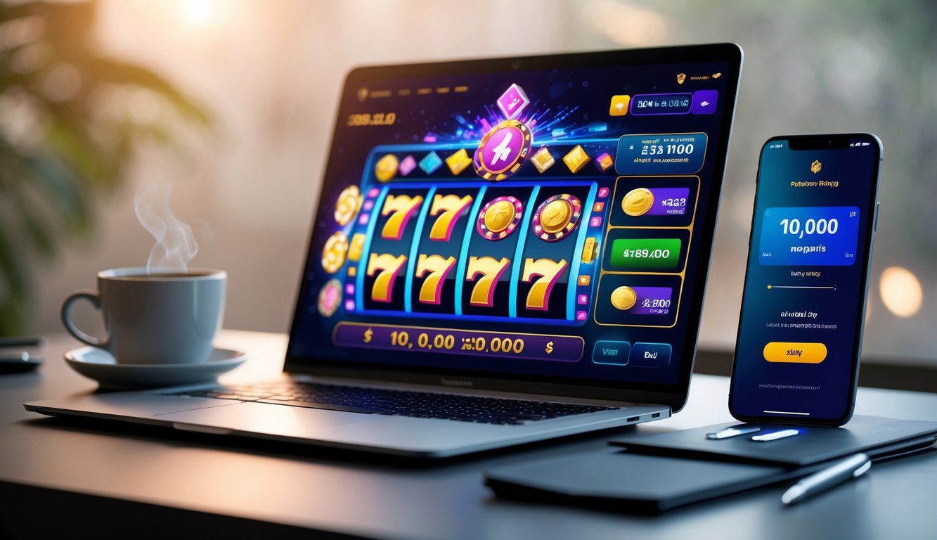 Seorang pengguna sedang bermain permainan slot online di laptop dengan ponsel yang menampilkan pembayaran digital 10 ribu rupiah di meja kerja.