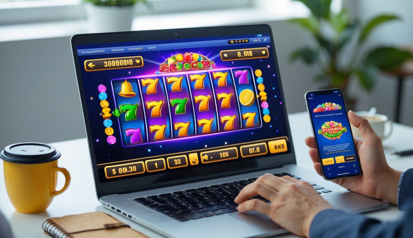 Seseorang menggunakan laptop dan ponsel untuk bermain permainan slot online dengan latar ruang kerja yang rapi.