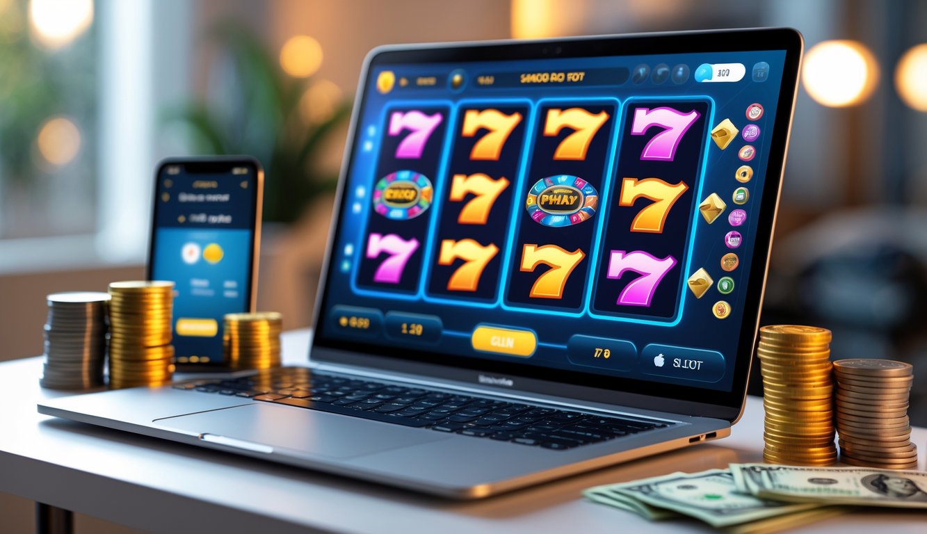 Seseorang menggunakan komputer dengan tampilan permainan slot online dan perangkat digital di meja.