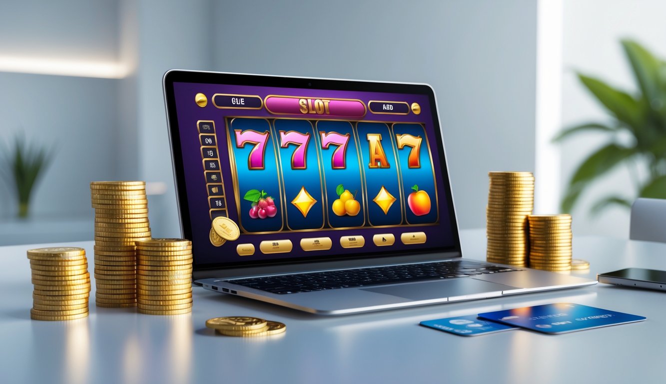 Seorang pengguna sedang bermain permainan slot online di komputer dengan latar belakang elemen pembayaran digital dan koin digital.