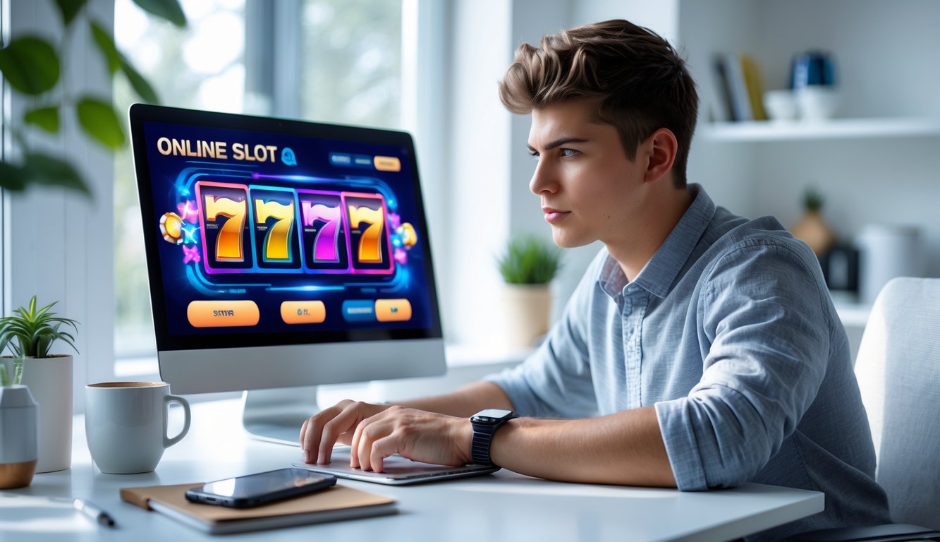 Seorang dewasa muda duduk di meja kerja dengan laptop, fokus bermain permainan slot online di ruang kerja yang terang dan rapi.