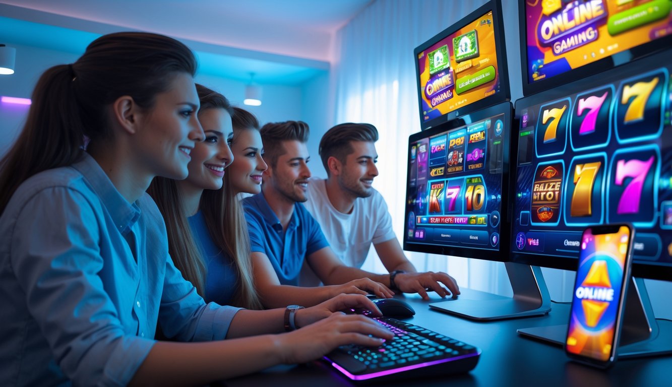 Beberapa orang muda sedang bermain permainan slot online di komputer dan ponsel di ruangan modern.