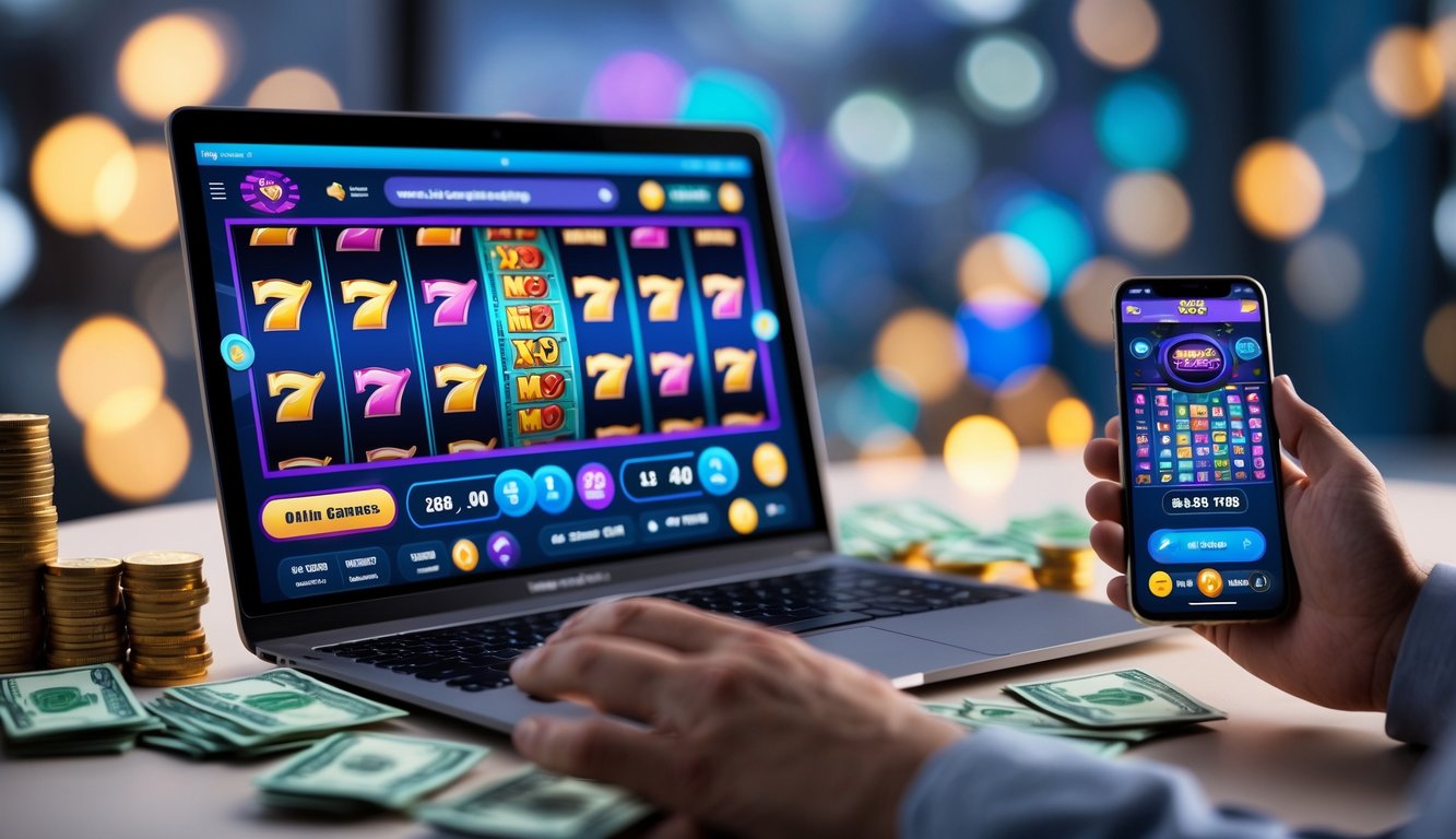 Seseorang bermain game slot online di laptop dan ponsel dengan latar belakang koin dan uang kertas.