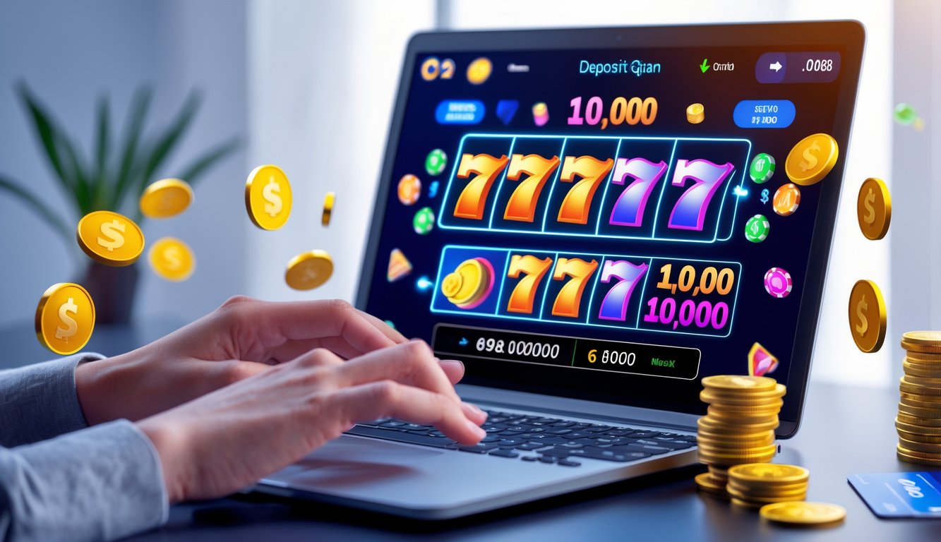 Seseorang menggunakan laptop atau ponsel untuk bermain mesin slot online dengan simbol warna-warni dan elemen yang menunjukkan transaksi deposit uang.