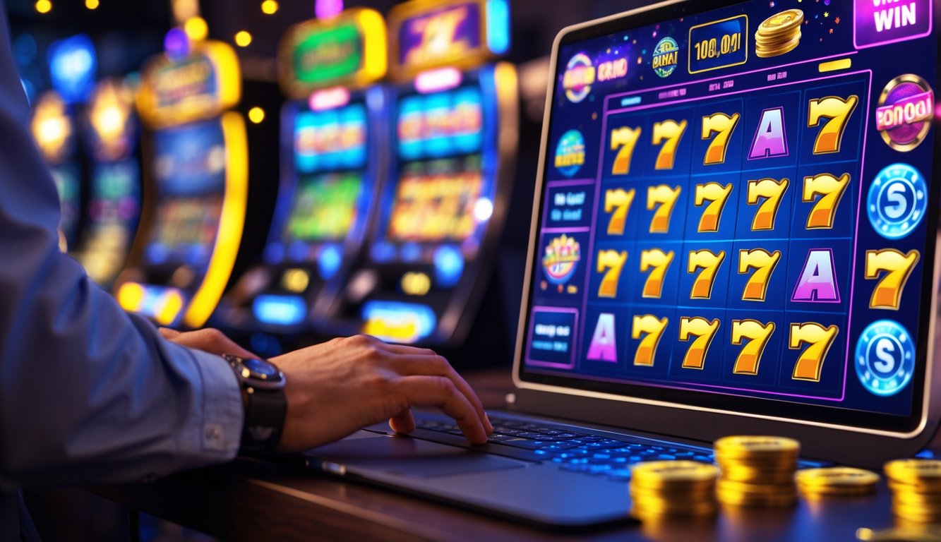 Seseorang menggunakan laptop atau ponsel untuk bermain mesin slot online dengan tampilan kemenangan dan koin di layar.